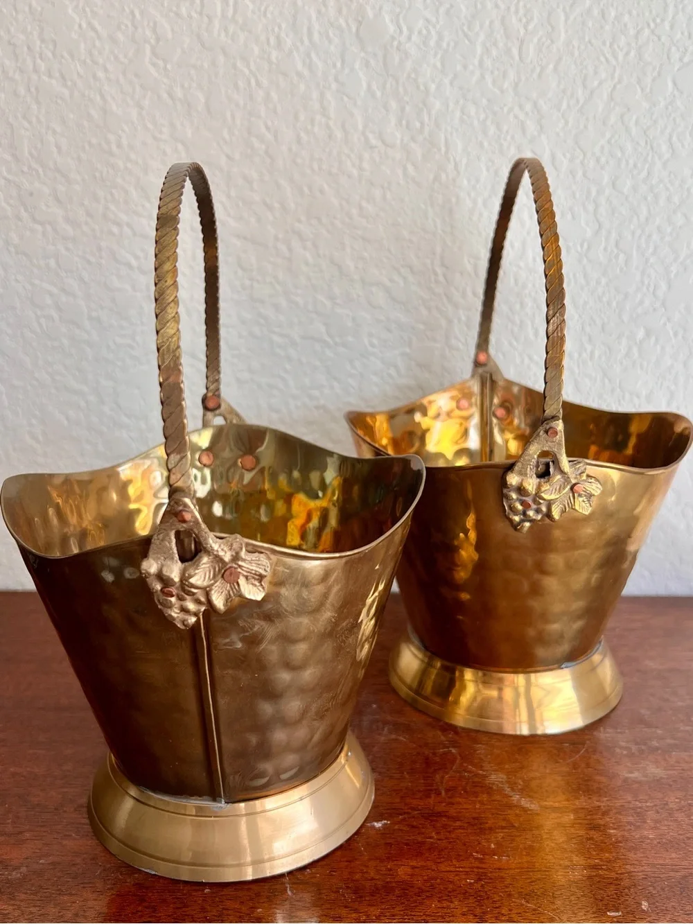 Pair of Solid Brass India Hammered Decorative Bucket Planter Basket Vintage